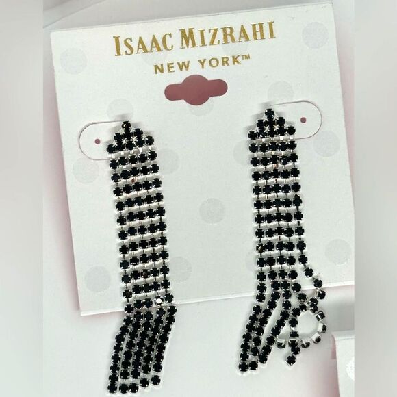 ISAAC MIZRAHI Silver Tone Black Crystal Dangling Post  Earrings - Picture 3 of 7